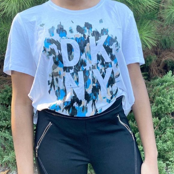 NWT DKNY White, Blue, and Black Graphic Tee - Picture 1 of 3